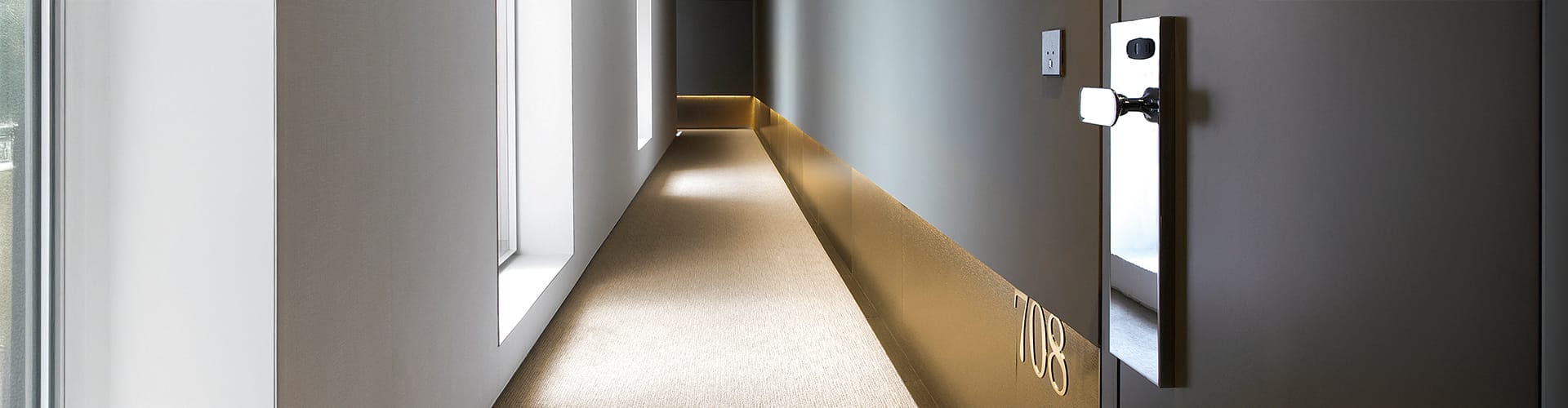 Hotel corridor fitted with Olivari electronic locks